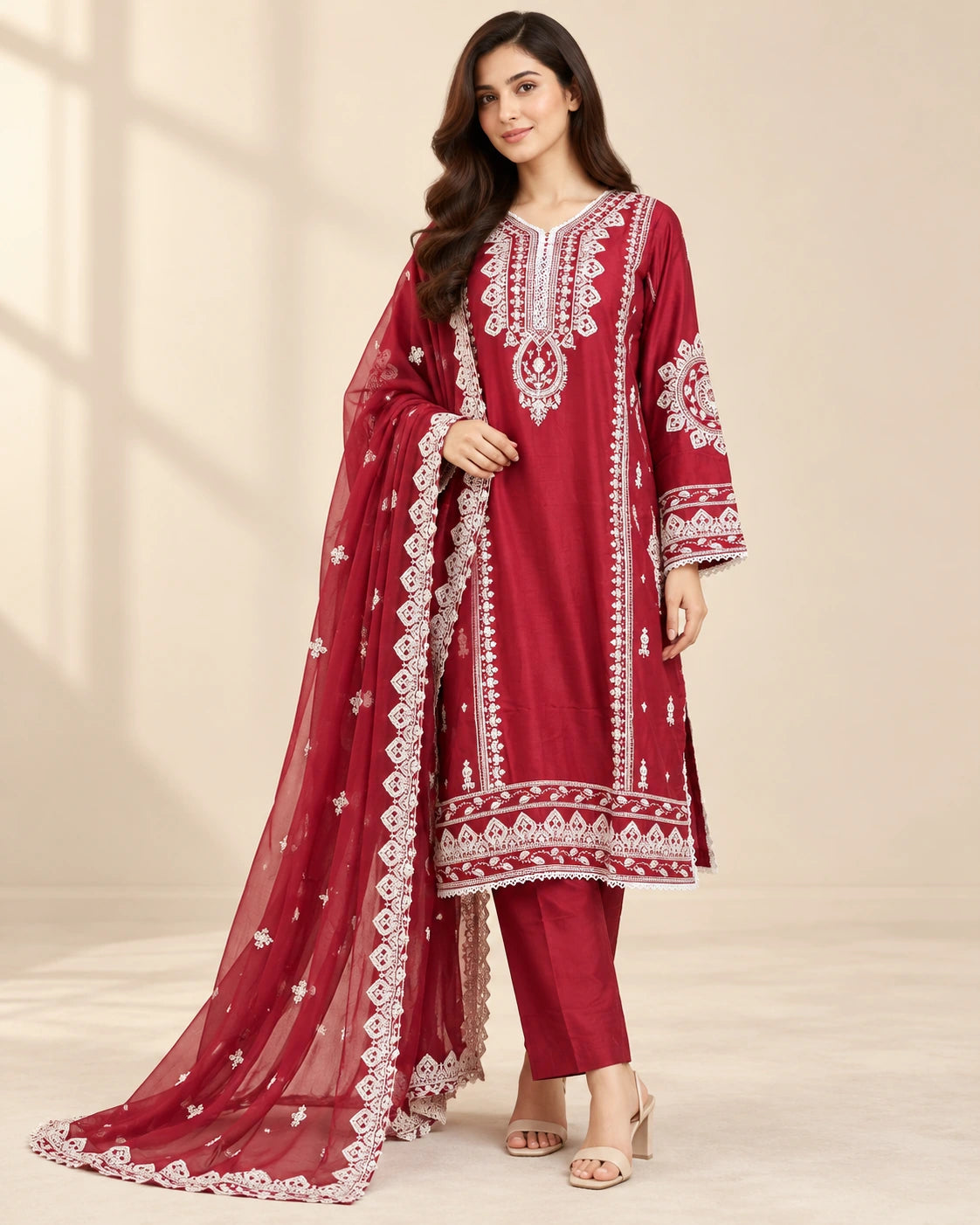 Premium Maroon Embroidered Viscose 3-Piece Suit with Chiffon Dupatta