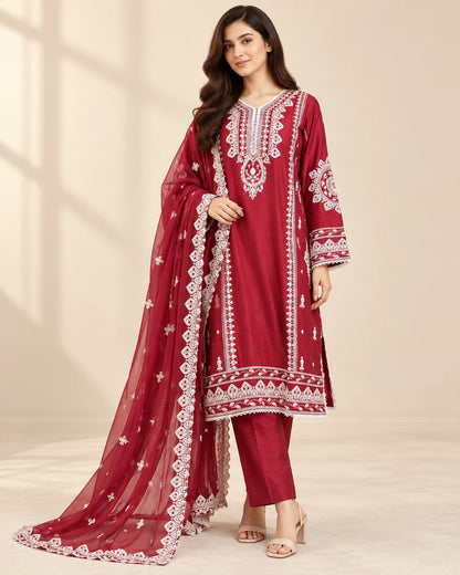 Premium Maroon Embroidered Viscose 3-Piece Suit with Chiffon Dupatta