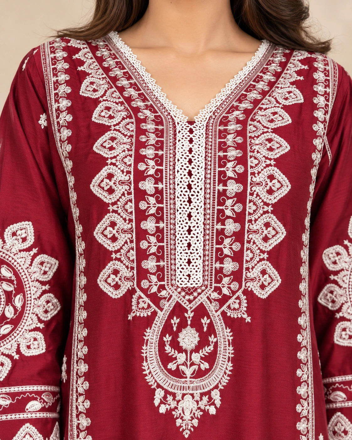 Premium Maroon Embroidered Viscose 3-Piece Suit with Chiffon Dupatta