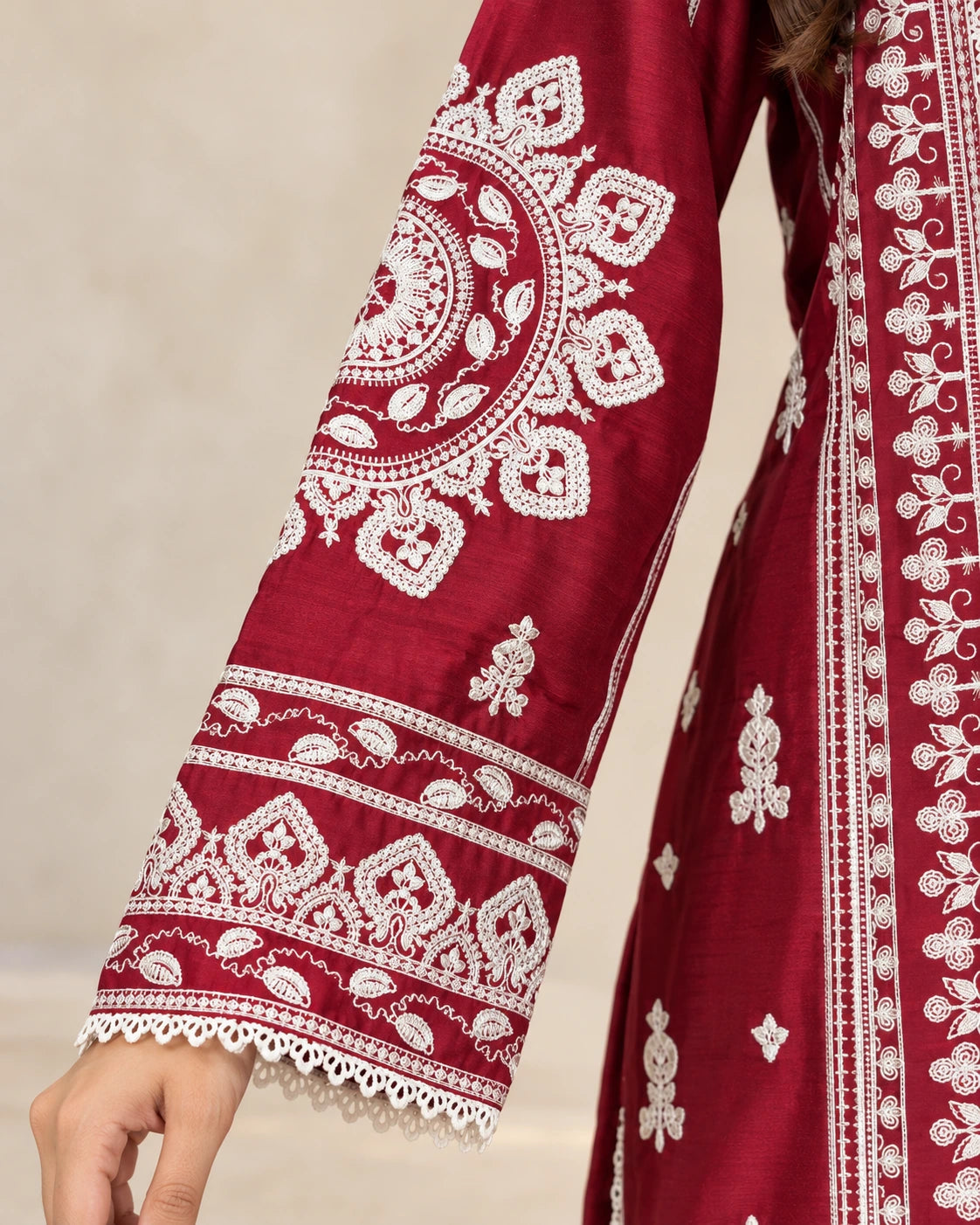 Premium Maroon Embroidered Viscose 3-Piece Suit with Chiffon Dupatta