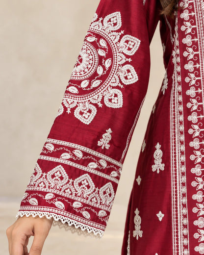Premium Maroon Embroidered Viscose 3-Piece Suit with Chiffon Dupatta