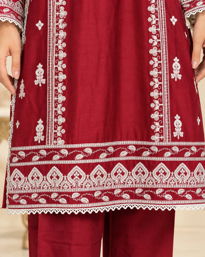 Premium Maroon Embroidered Viscose 3-Piece Suit with Chiffon Dupatta