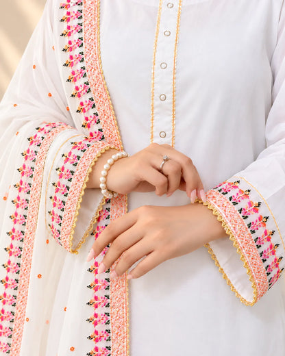 Premium China Silk Kashmiri Farshi Shalwar 3-Piece Suit – White