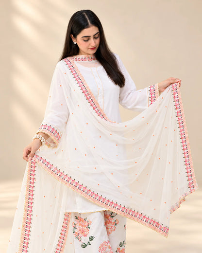 Premium China Silk Kashmiri Farshi Shalwar 3-Piece Suit – White