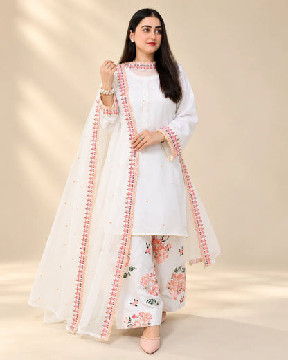 Premium China Silk Kashmiri Farshi Shalwar 3-Piece Suit – White