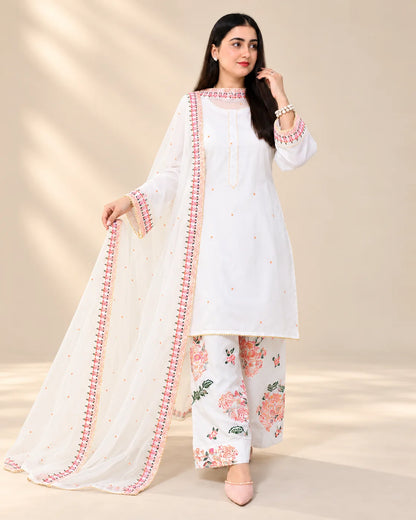 Premium China Silk Kashmiri Farshi Shalwar 3-Piece Suit – White
