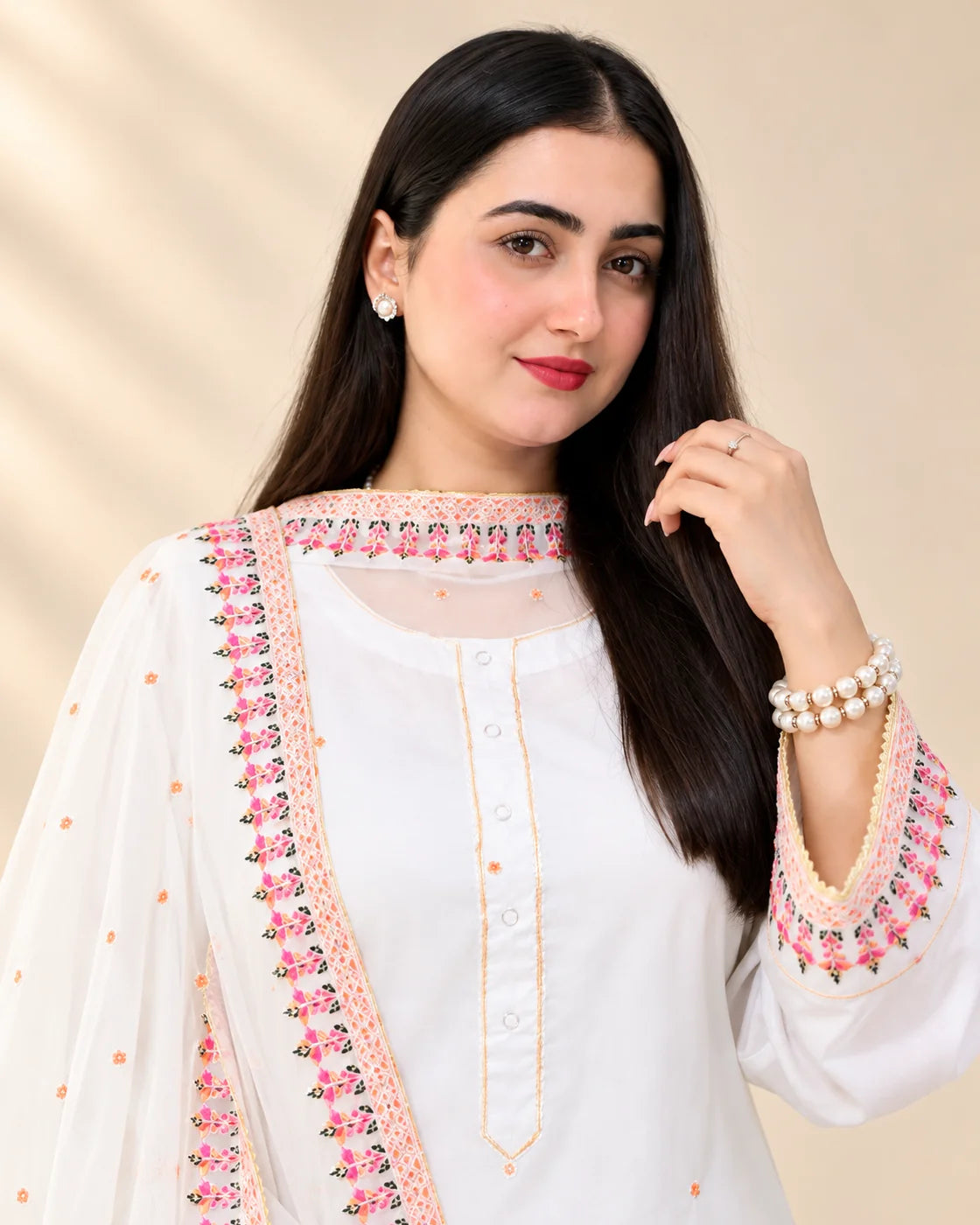 Premium China Silk Kashmiri Farshi Shalwar 3-Piece Suit – White