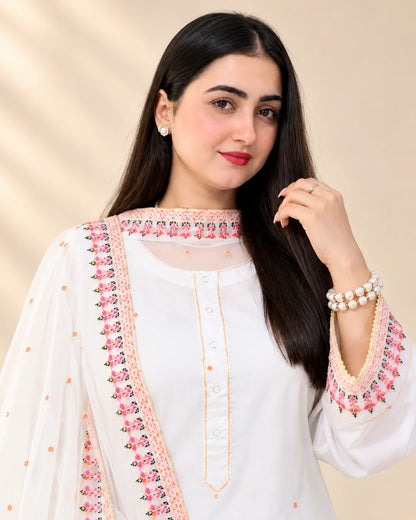 Premium China Silk Kashmiri Farshi Shalwar 3-Piece Suit – White