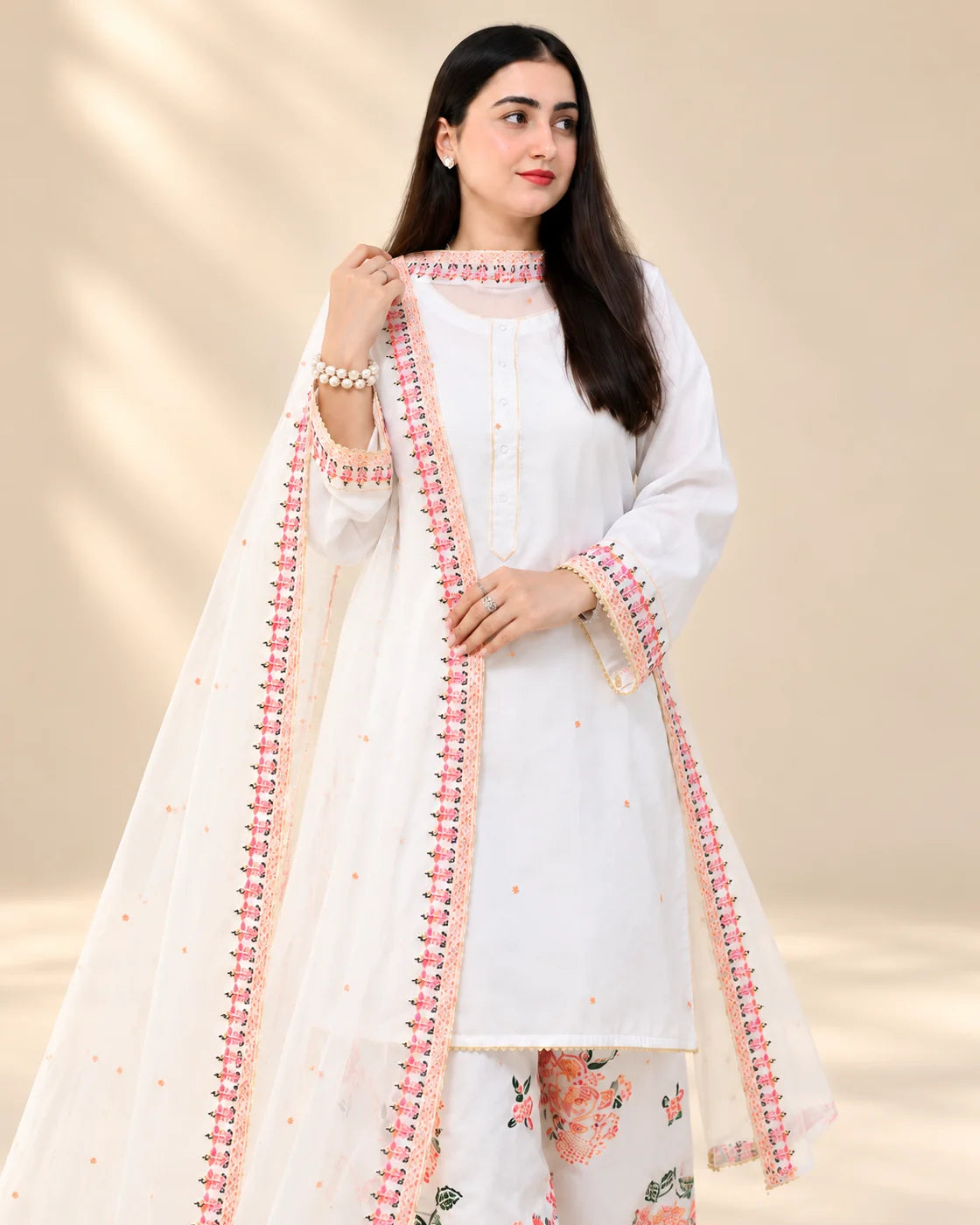 Premium China Silk Kashmiri Farshi Shalwar 3-Piece Suit – White